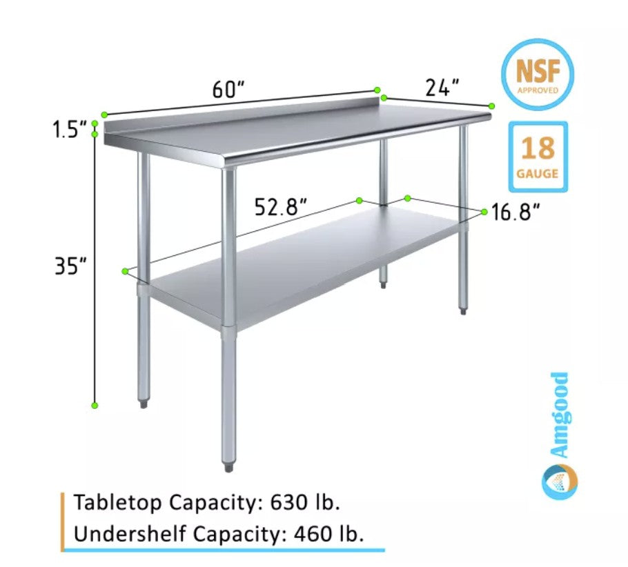 AmGood AMG WT-2460-BS 24" x 60" Stainless Steel Work Table with 1.5" Backsplash