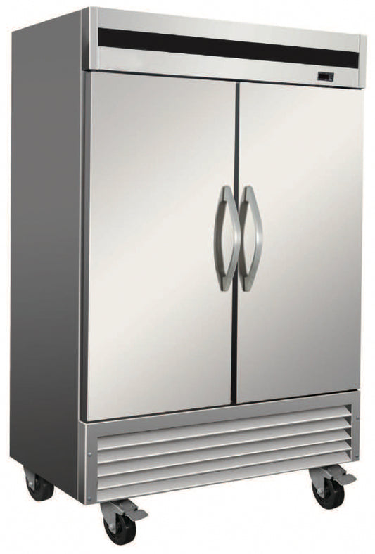 Stainless steel commercial refrigerator with double doors on a white background