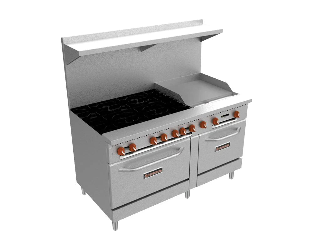 Sierra SR-6B-24G-60 60” Gas Range – 6 Open Burners, 24” Griddle, and 2 Ovens