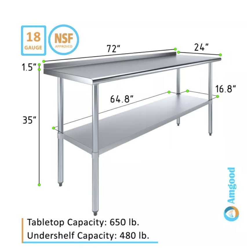 AmGood AMG WT-2472-BS 24" x 72" Stainless Steel Work Table with 1.5" Backsplash