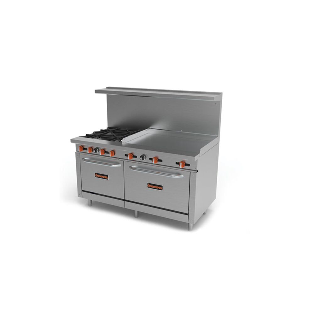 Sierra SR-4B-36G-60 60” Gas Range – 4 Open Burners, 36” Griddle, and 2 Ovens