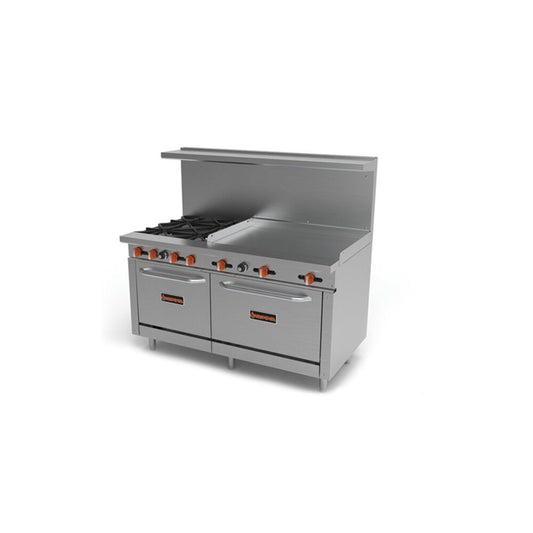 Sierra SR-4B-36G-60 60” Gas Range – 4 Open Burners, 36” Griddle, and 2 Ovens